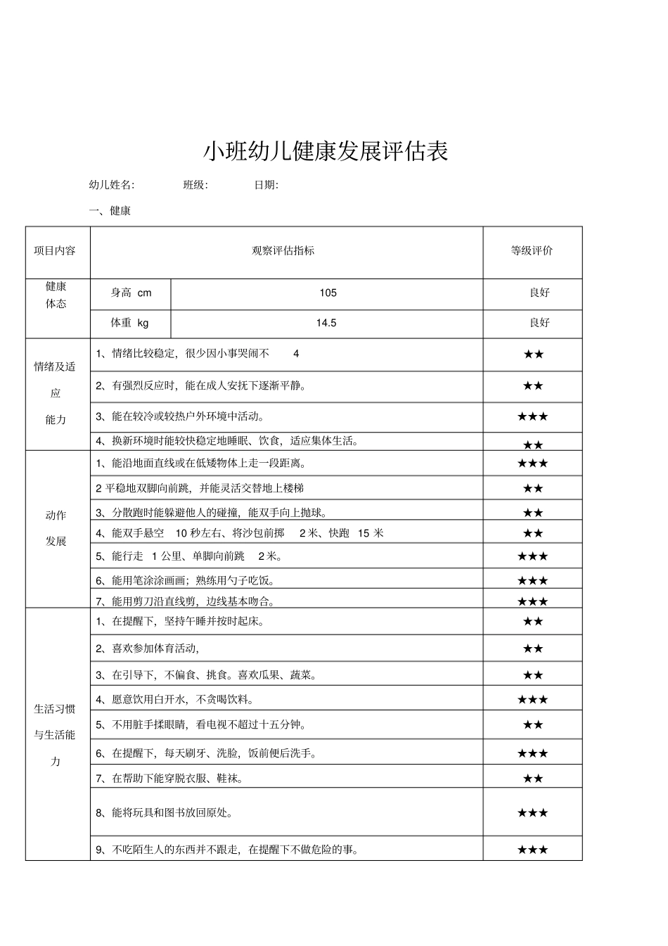 幼儿健康发展评价表_第1页
