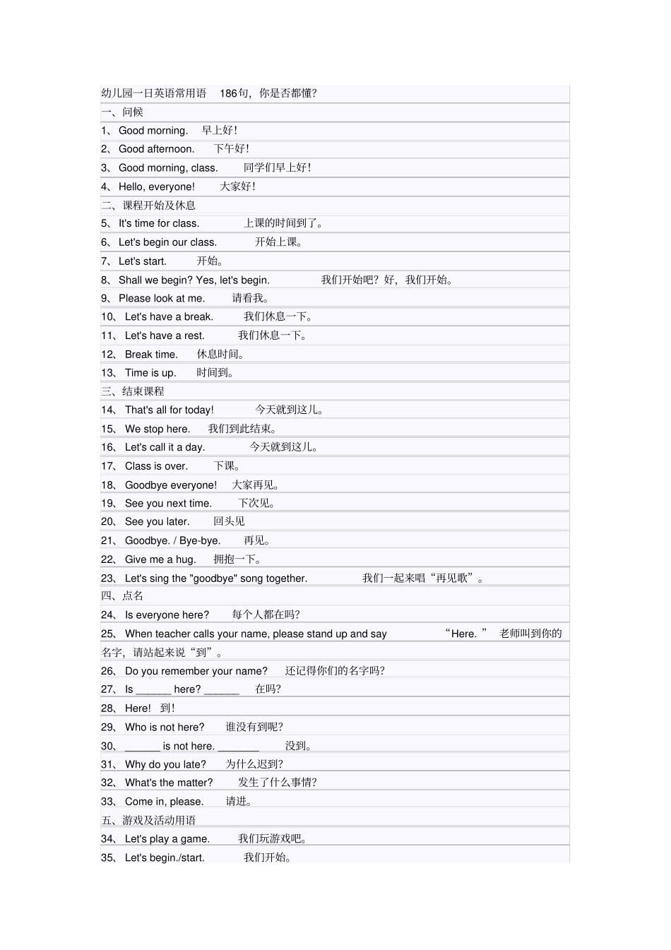 幼儿园一日英语常用语186句_第1页