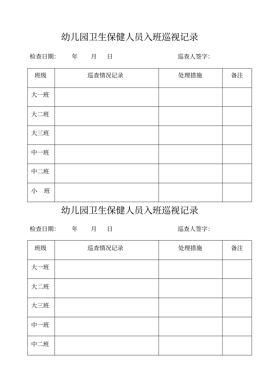 幼儿园卫生保健人员入班巡视记录_第1页