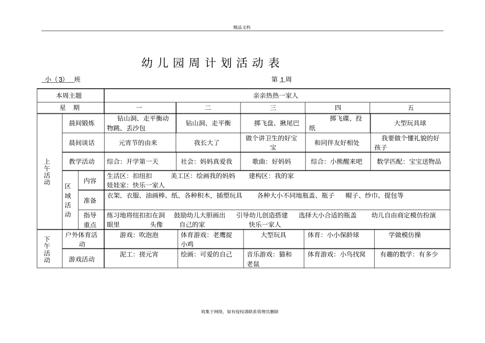 幼儿园周计划活动表小班教学内容_第2页