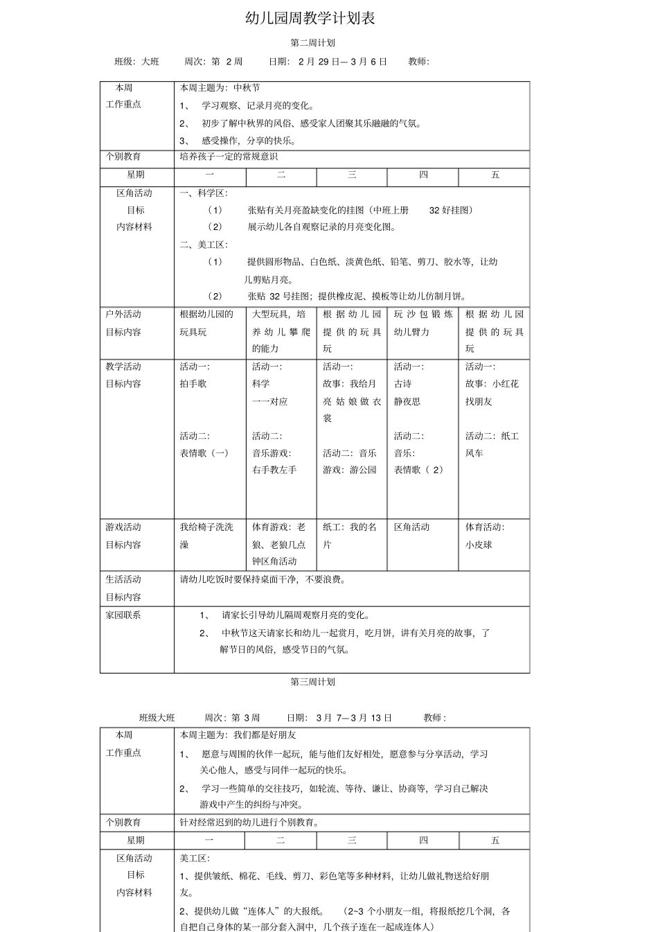 幼儿园大班第二学期园务周工作计划表_第2页
