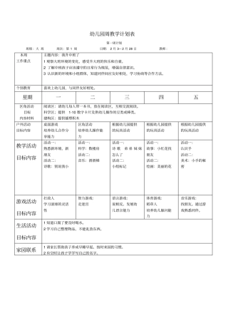 幼儿园大班第二学期园务周工作计划表