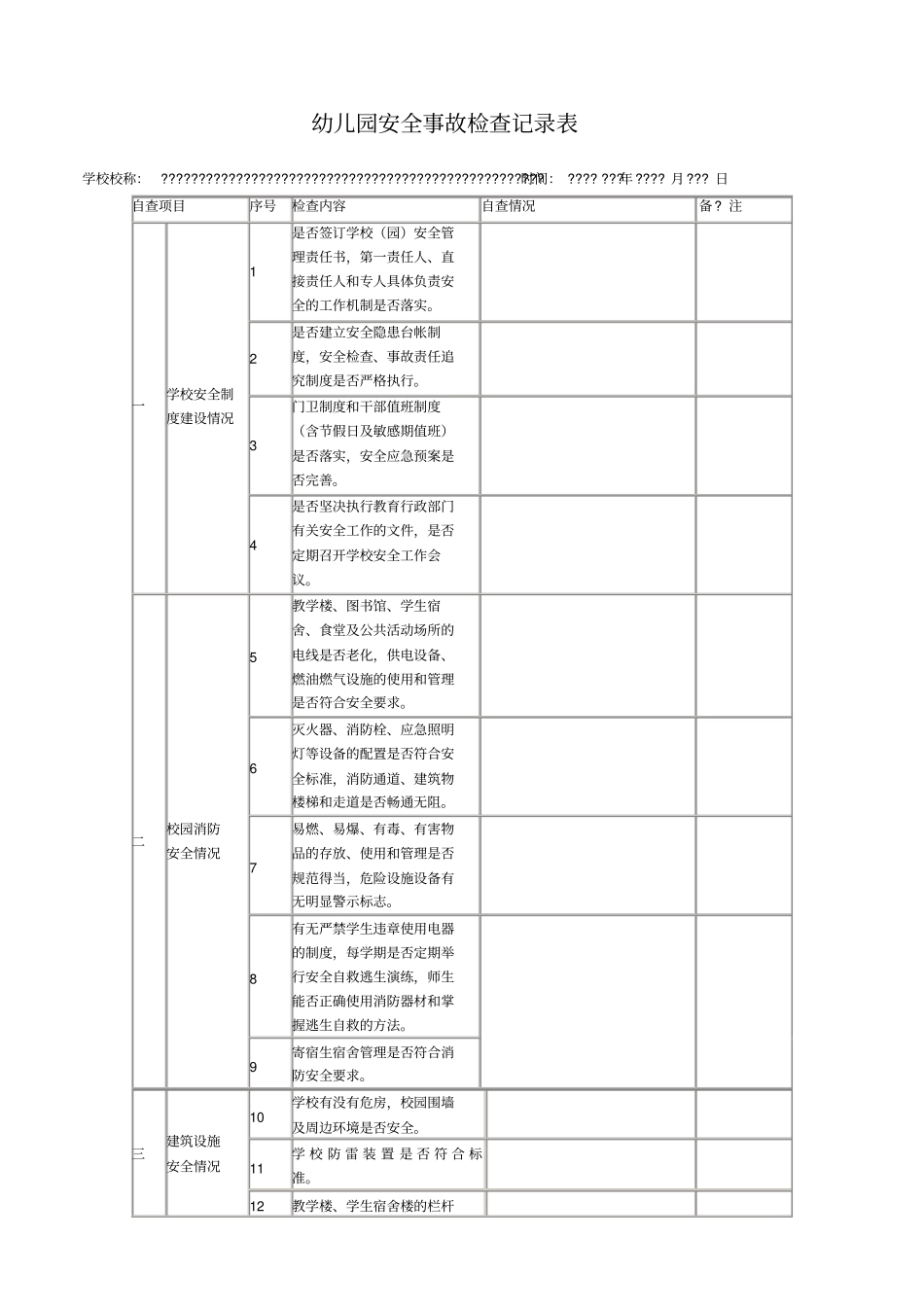 幼儿园安全事故检查记录表_第1页