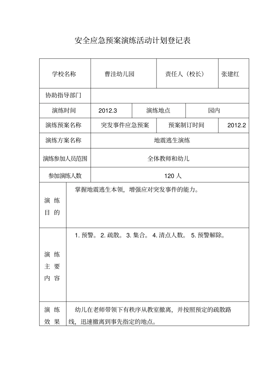 幼儿园安全应急预案演练活动计划登记表资料_第3页