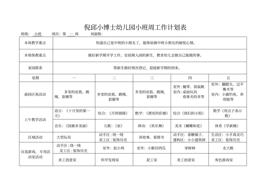 幼儿园小班班周计划表_第1页