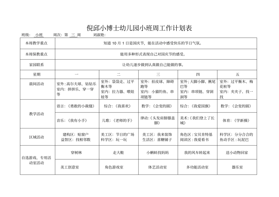 幼儿园小班班周计划表_第3页
