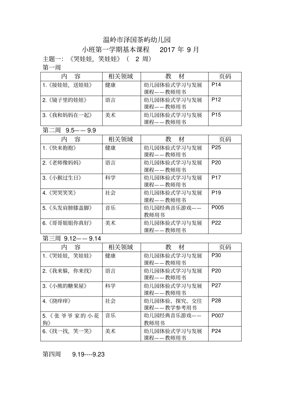 幼儿园小班第一学期教学进度表_第1页
