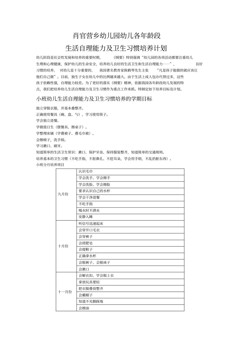 幼儿园幼儿生活自理能力及卫生习惯培养计划_第1页