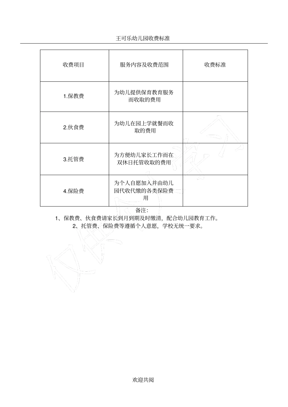 幼儿园收费公示栏_第1页
