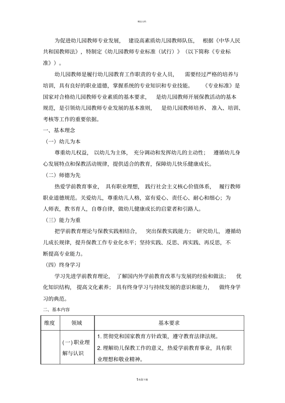 幼儿园教师专业标准_第1页