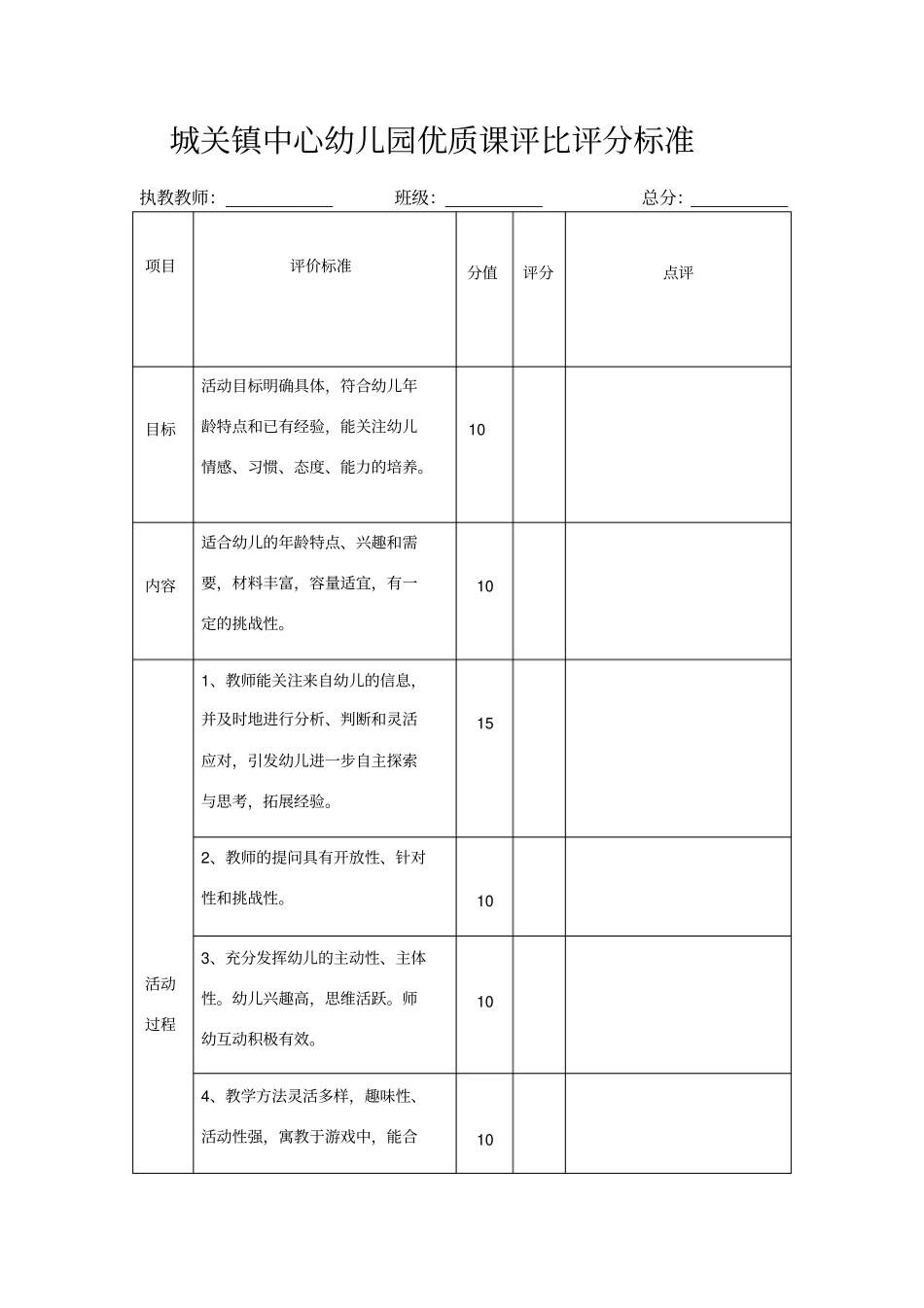 幼儿园教师优质课评比评分表_第1页