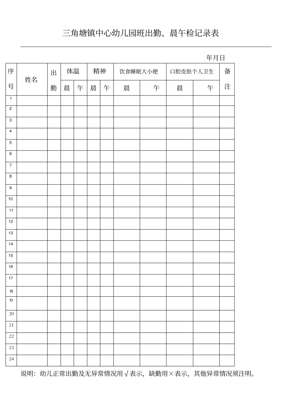 幼儿园晨午检记录表格模板_第1页