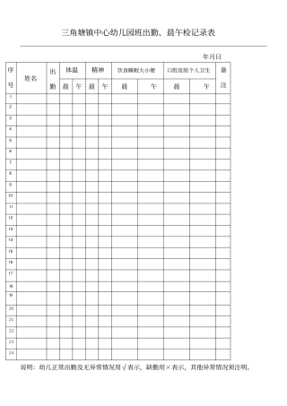 幼儿园晨午检记录表格模板