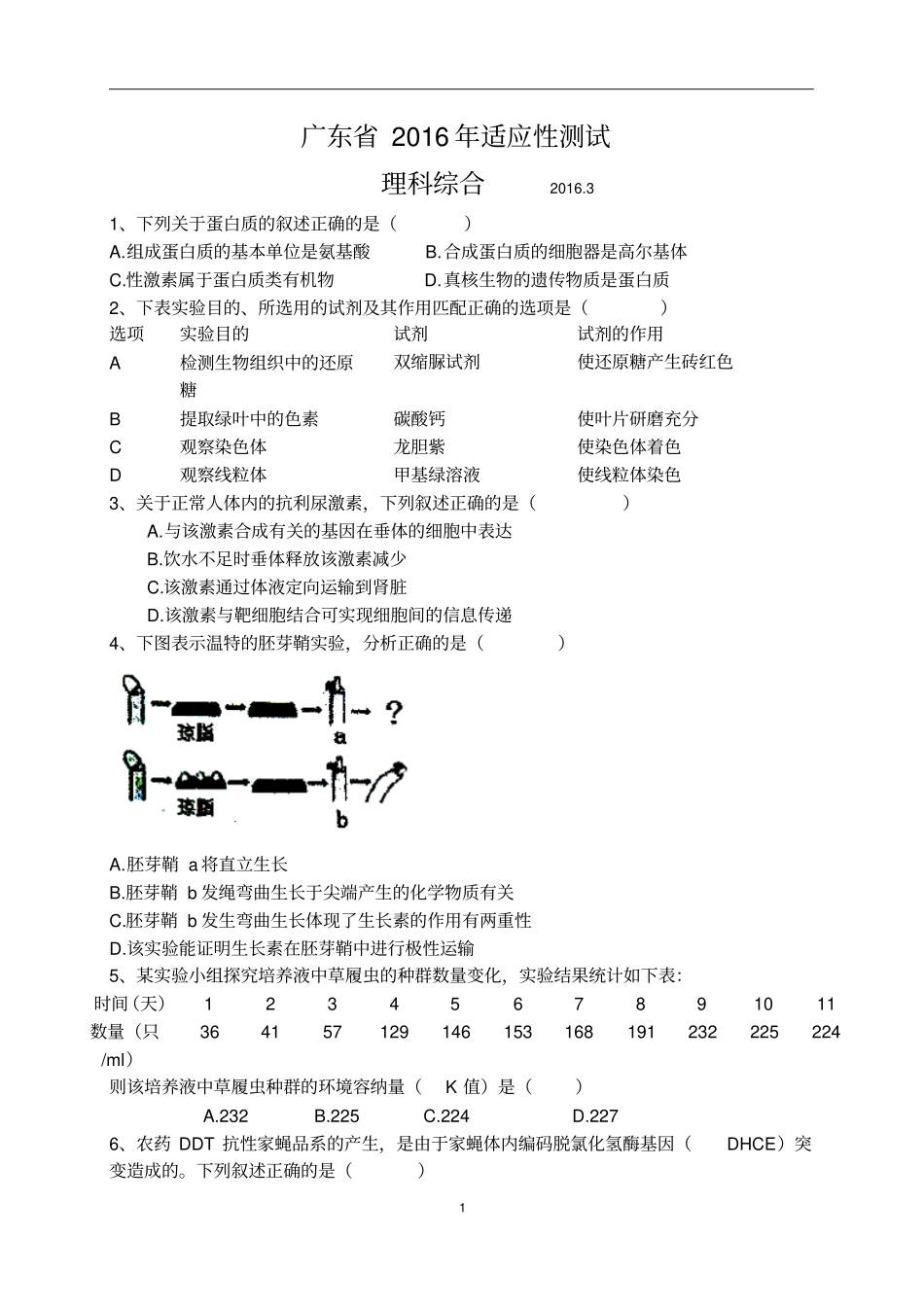 广东2016届高三3月适应性考试理综试题版汇总_第1页