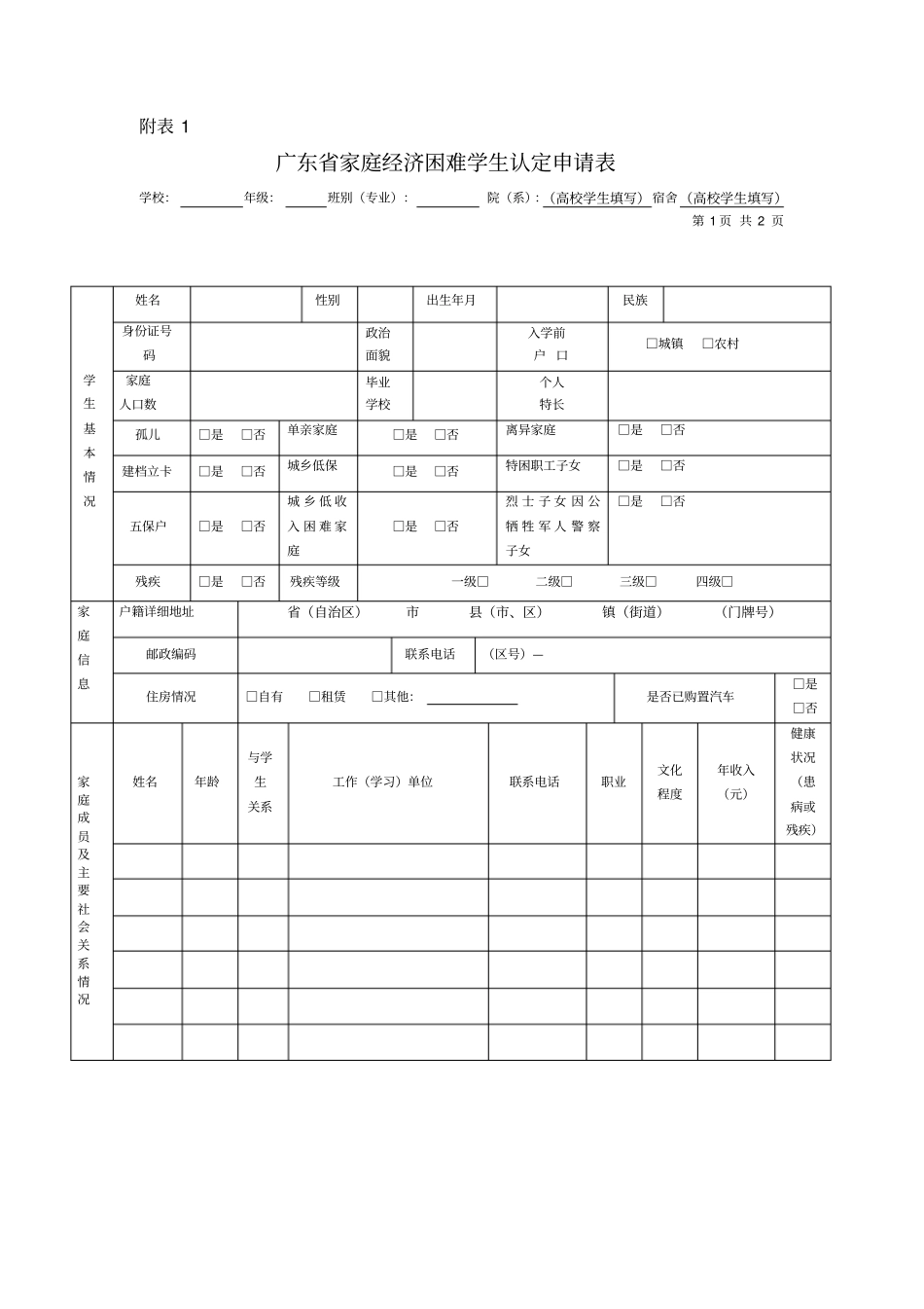 广东家庭经济困难学生认定申请表_第1页