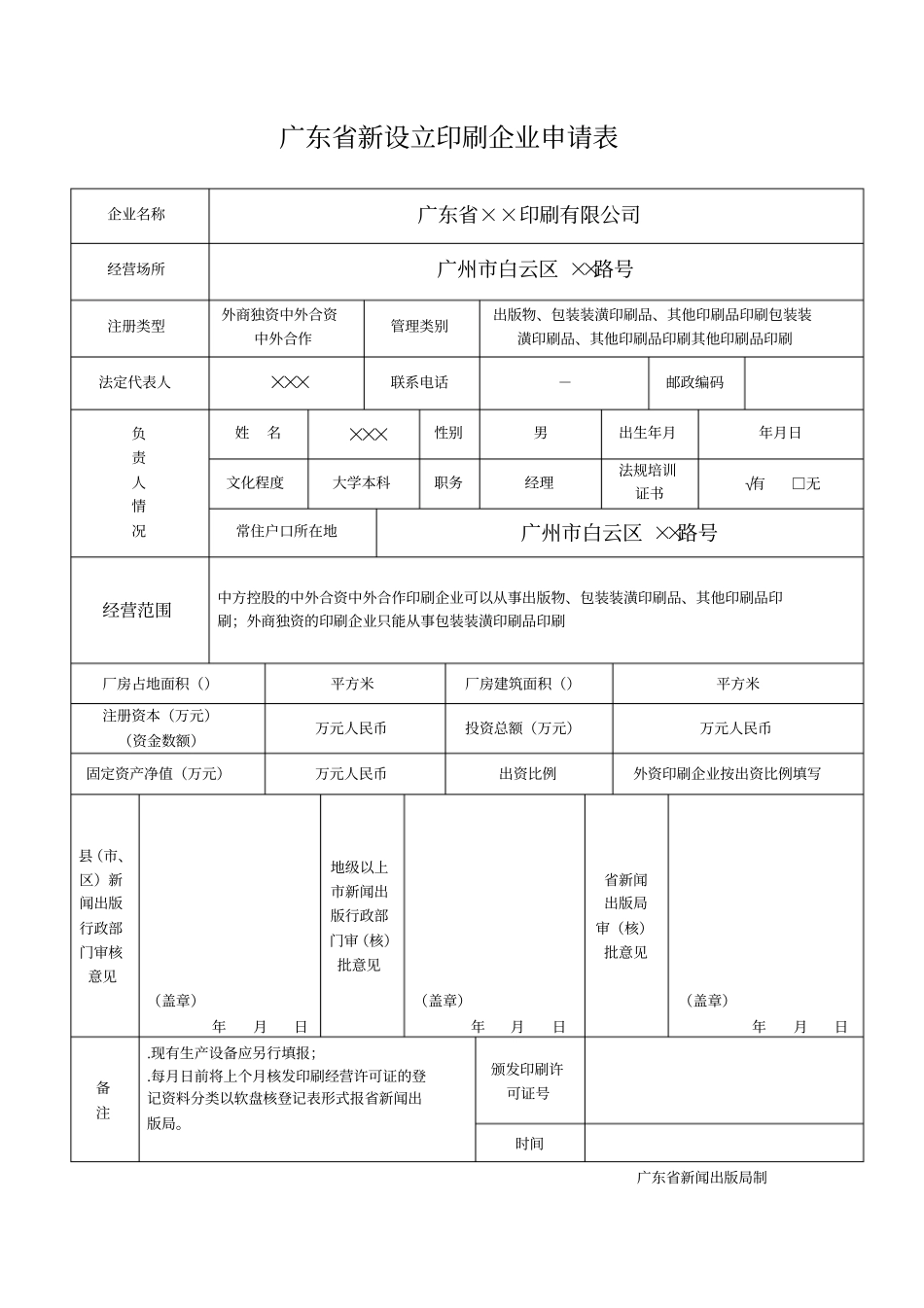 广东新设立印刷企业申请表_第1页