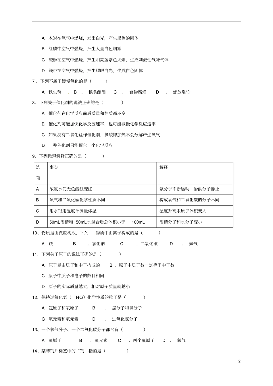 广东深圳2018届九年级化学上学期期中试题新人教版_第2页