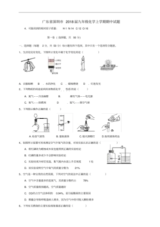 广东深圳2018届九年级化学上学期期中试题新人教版