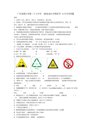 广东湛江第二十七中学2016届九年级化学4月月考试题