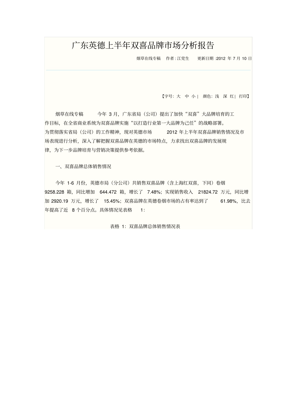 广东英德上半年双喜品牌场分析报告_第1页