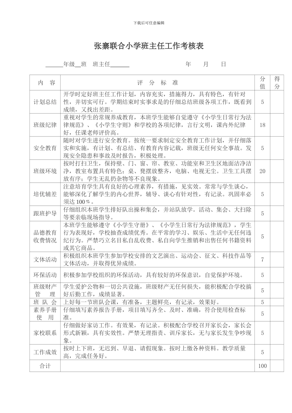 -班主任工作考核表_第1页