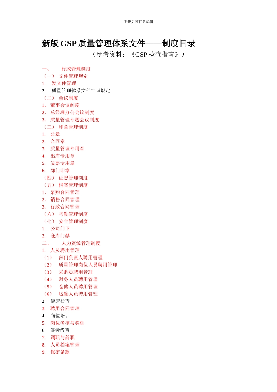 0新版GSP质量管理体系文件——制度目录_第1页