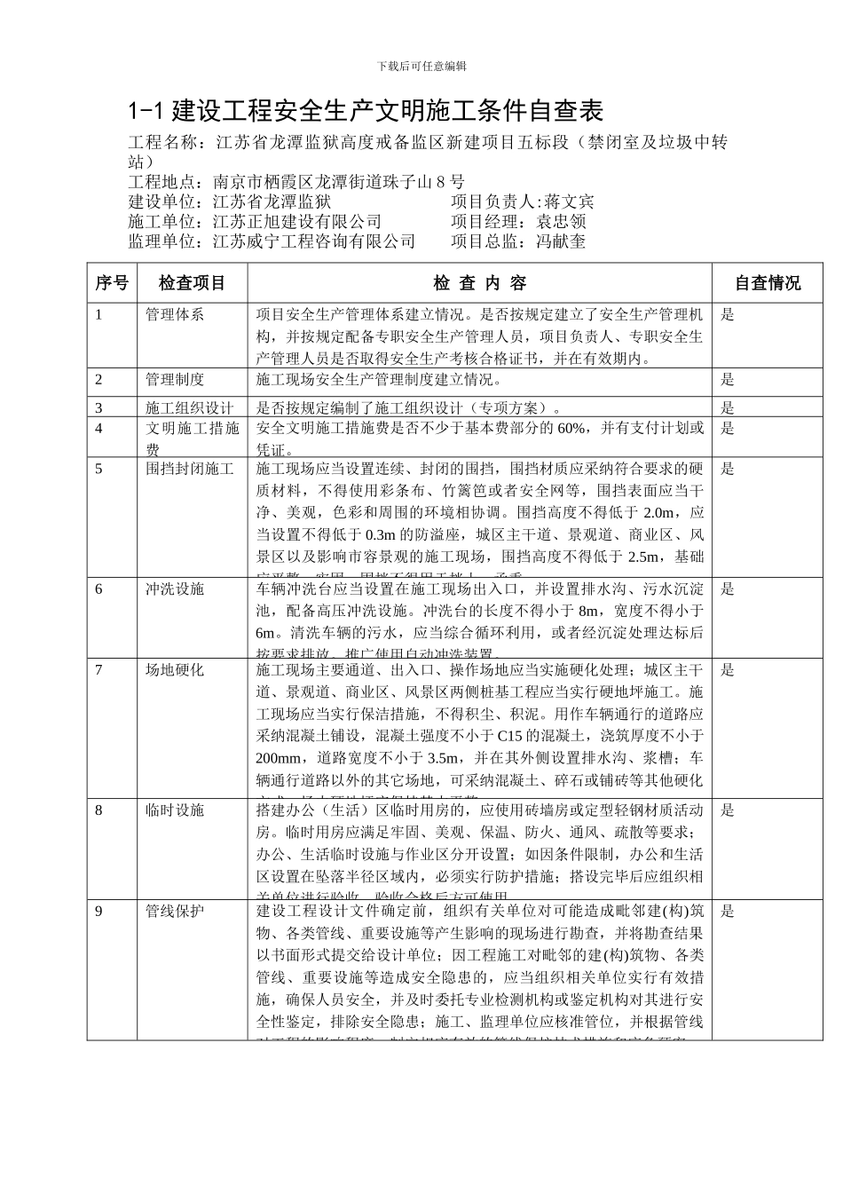 1-1建设工程安全生产文明施工条件自查表_第1页