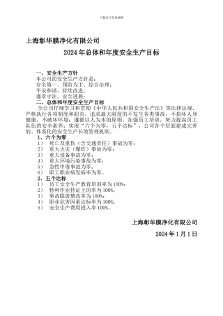 1.2.公司总体和年度安全生产目标