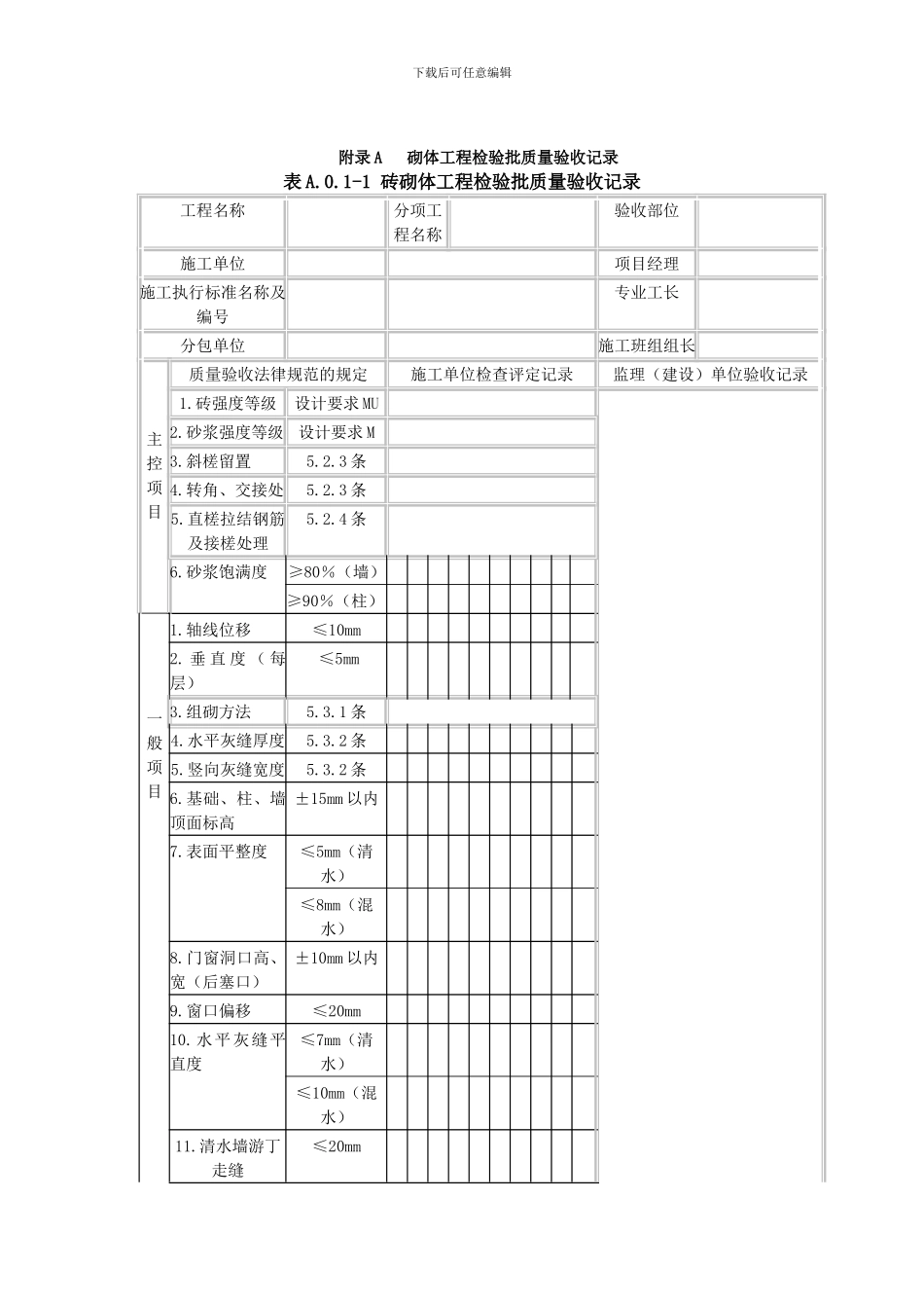 1.《砌体结构工程施工质量验收规范》GB50203-2024验收表格_第1页