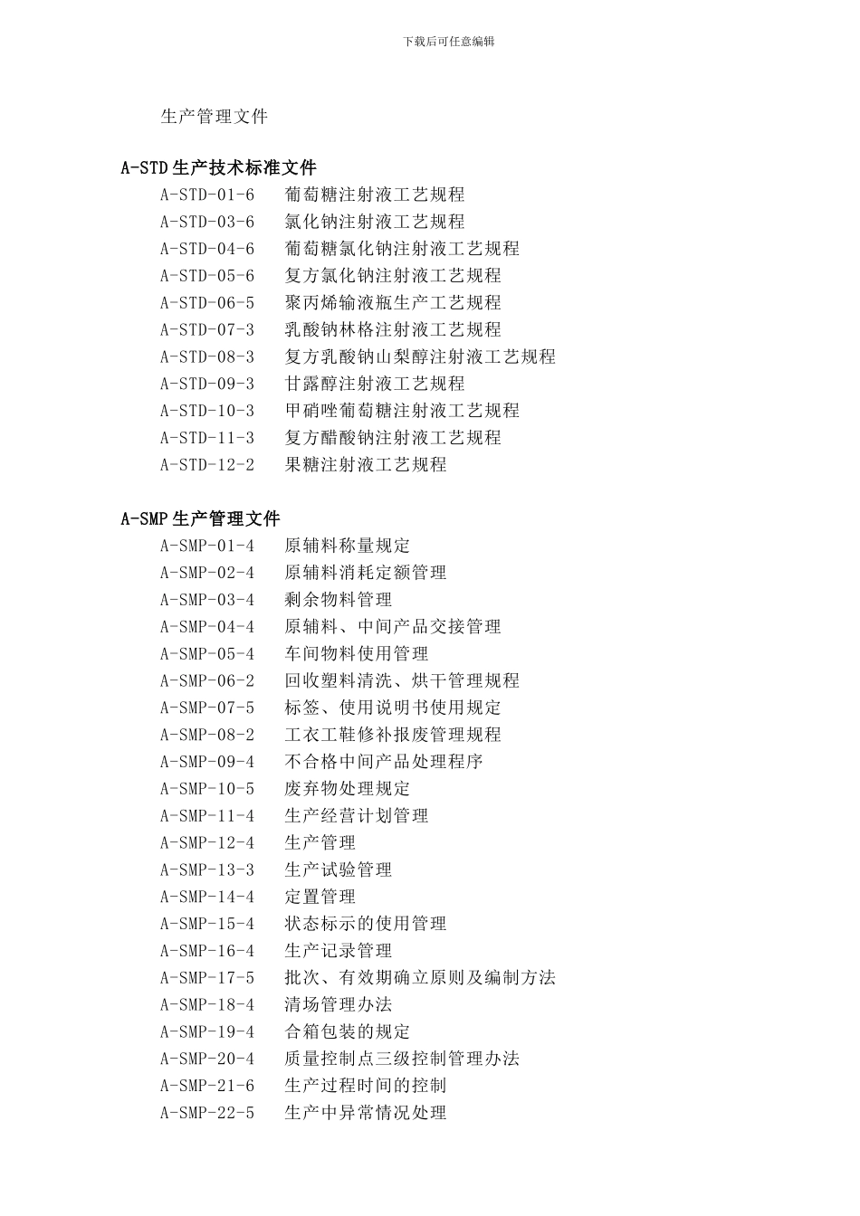 12申报资料十二--企业生产管理、质量管理文件目录_第1页