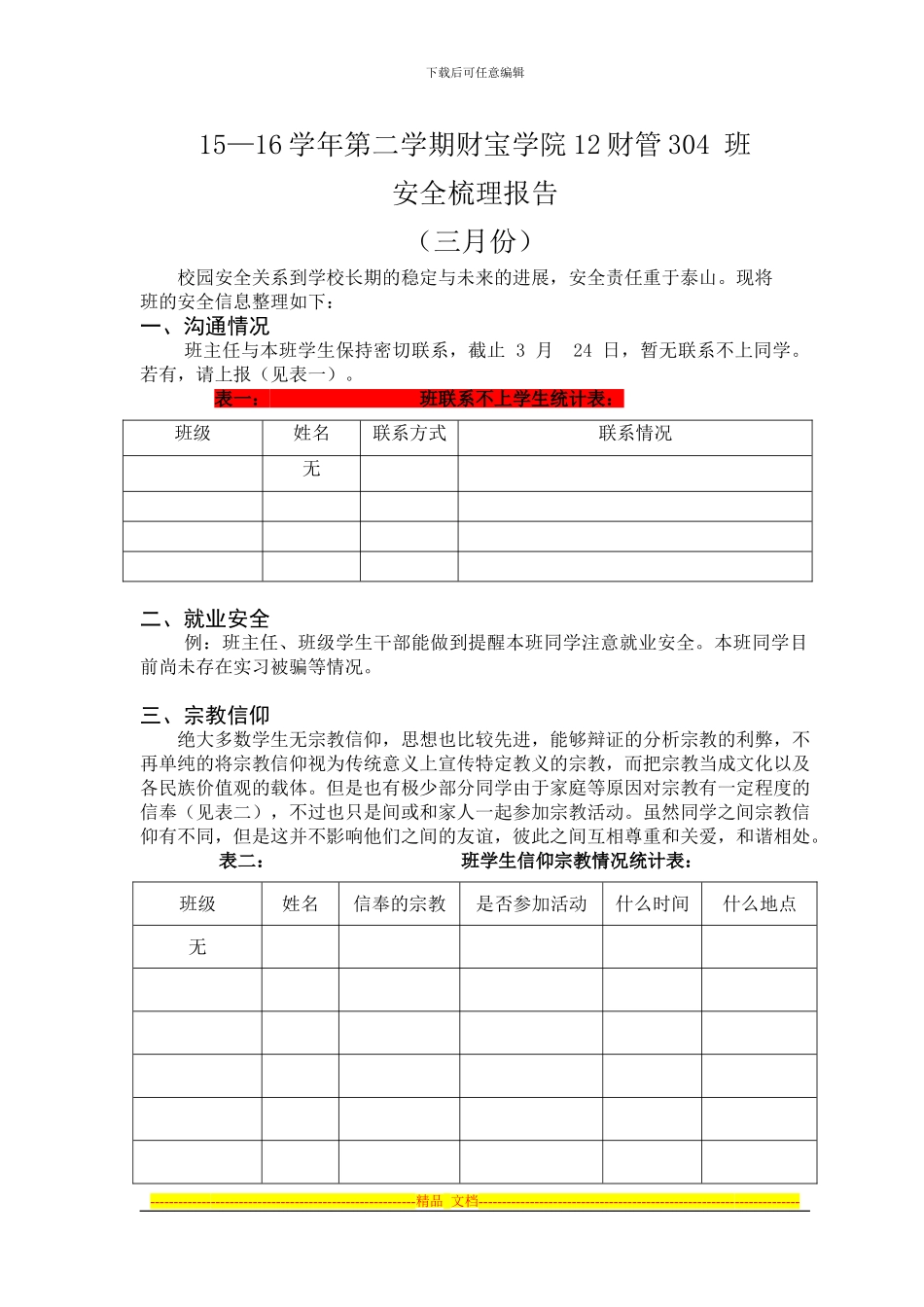 15-16学年第二学期12财管304班安全梳理报告_第1页