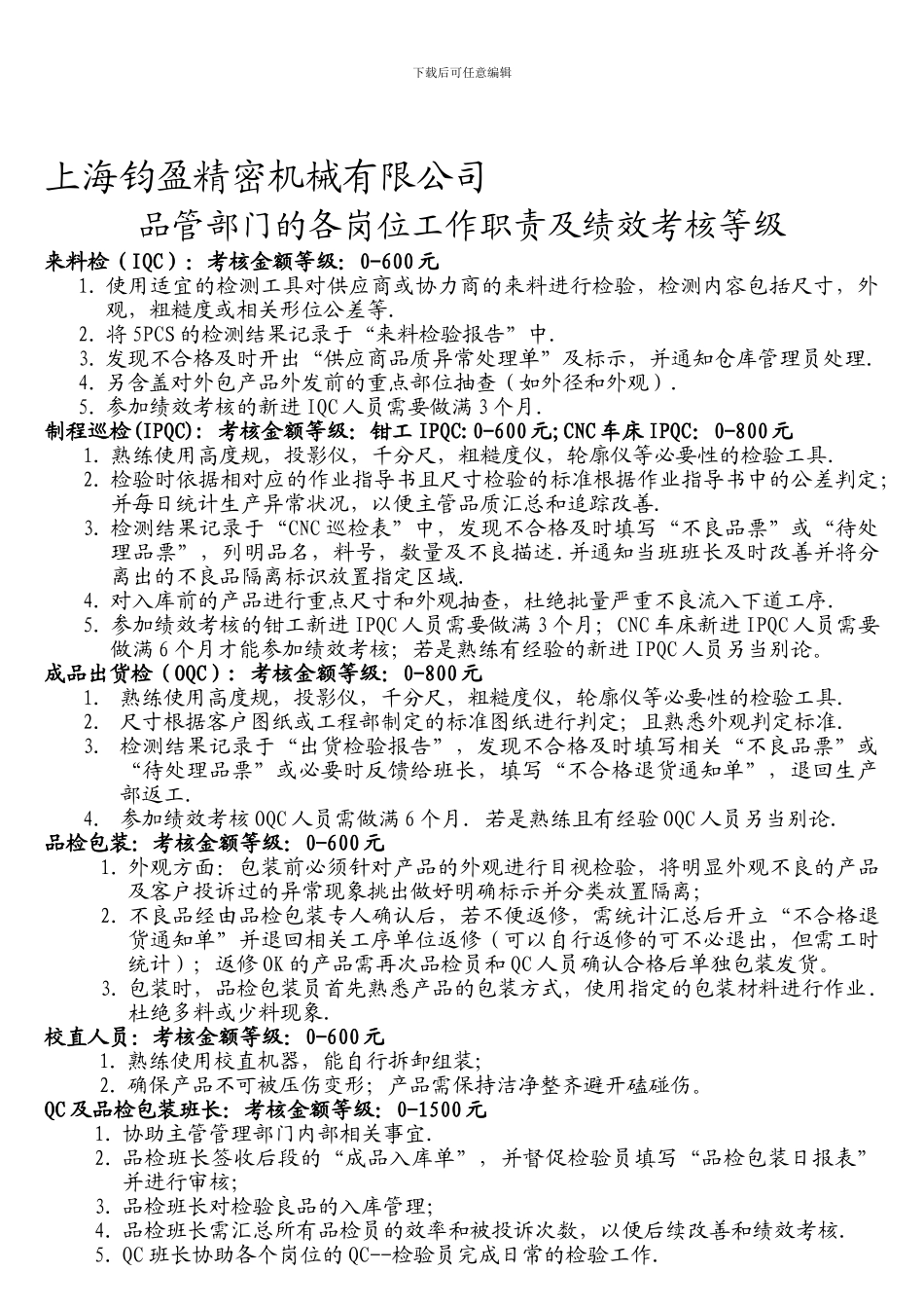 2-修订2024.4--品管部各岗位工作职责及考核等级_第1页