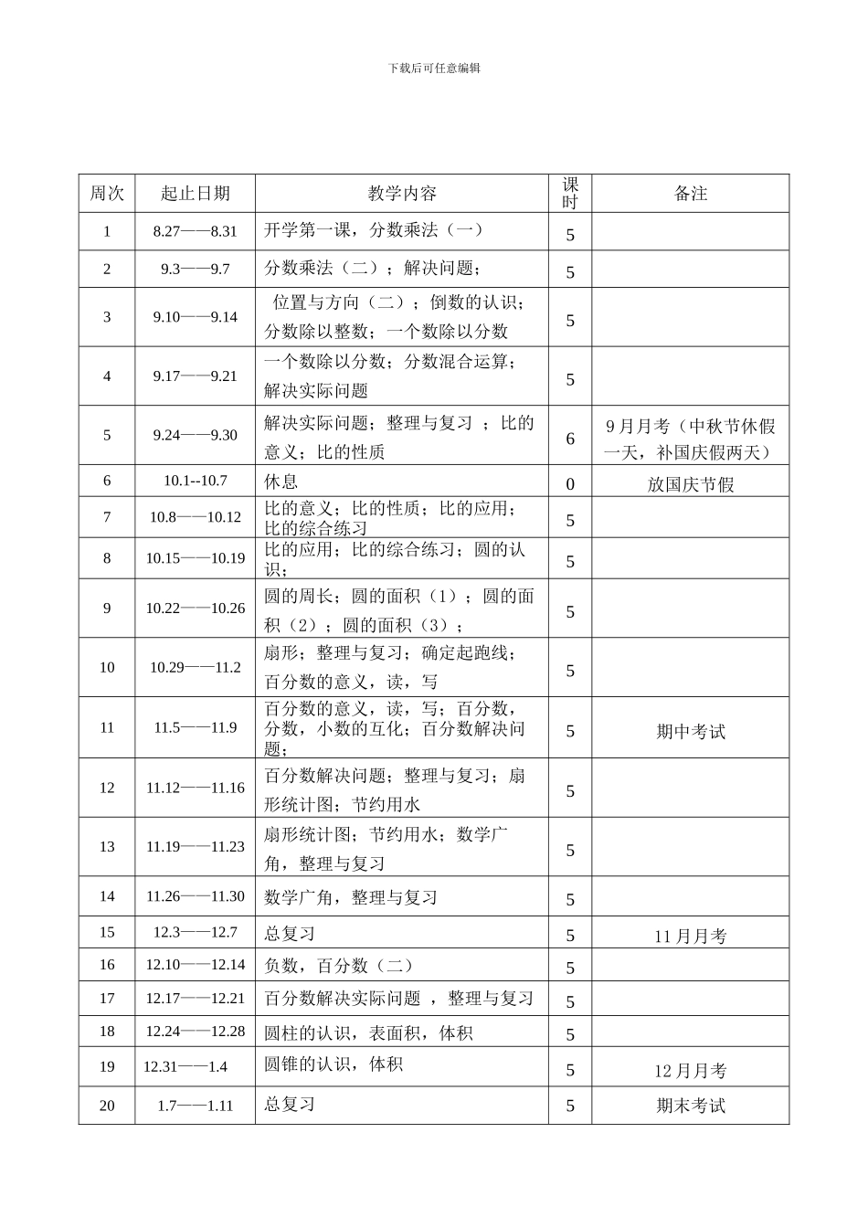 2024-2024学年度第一学期六年级数学上册教学计划_第3页