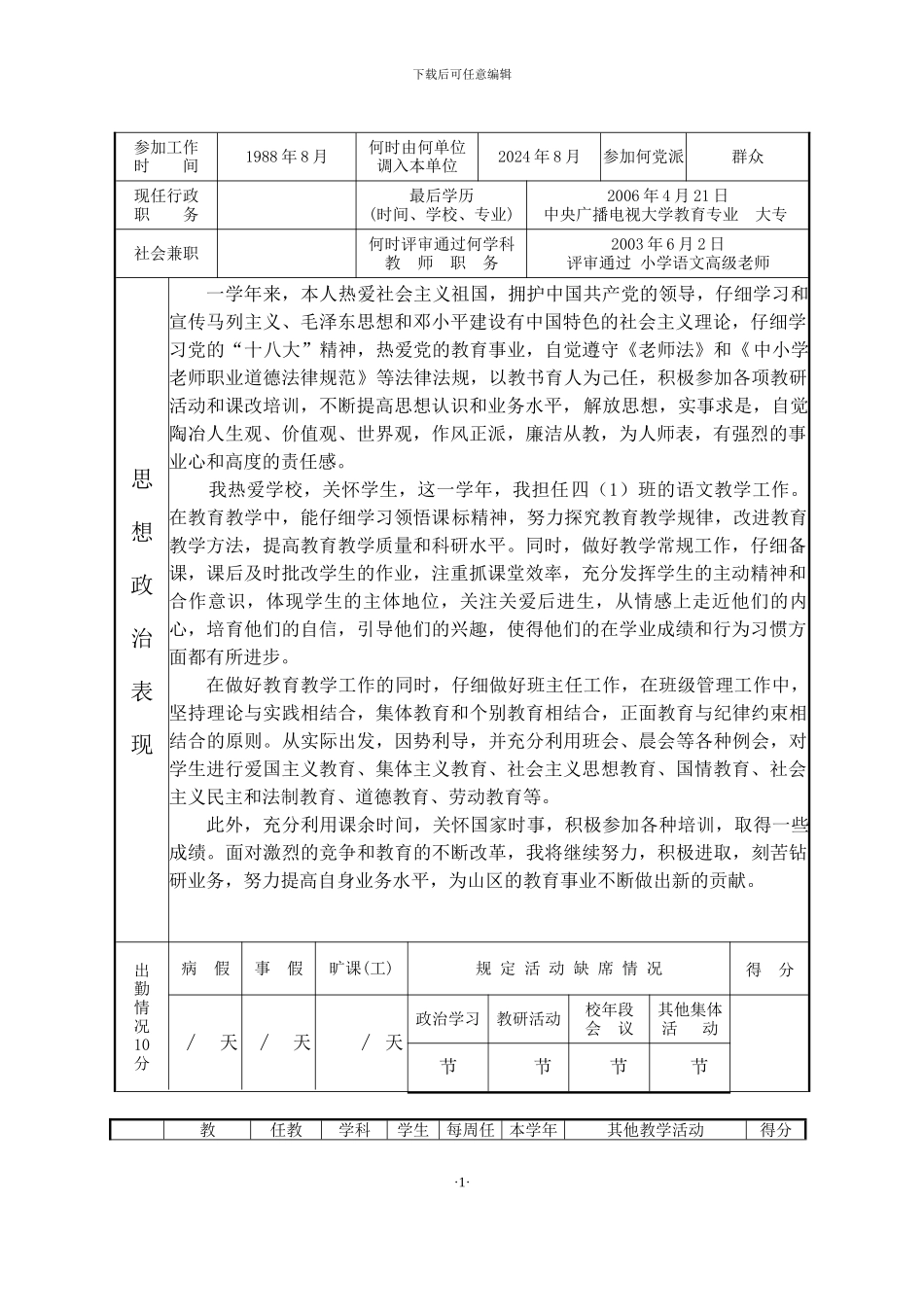 2024-2024小学教师年度考核表_第2页