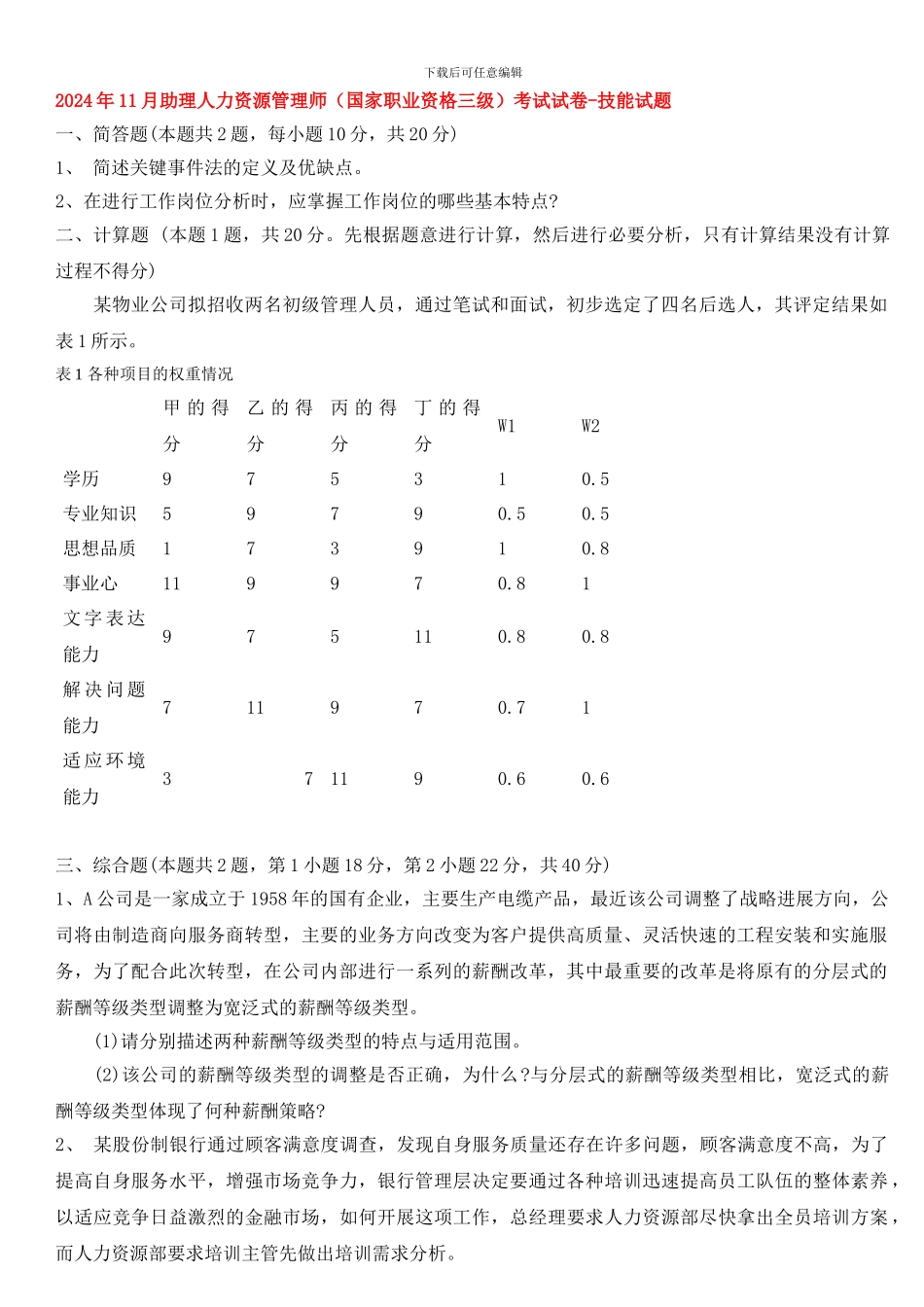 2024-2024年人力资源三级真题-实操题整理_第1页