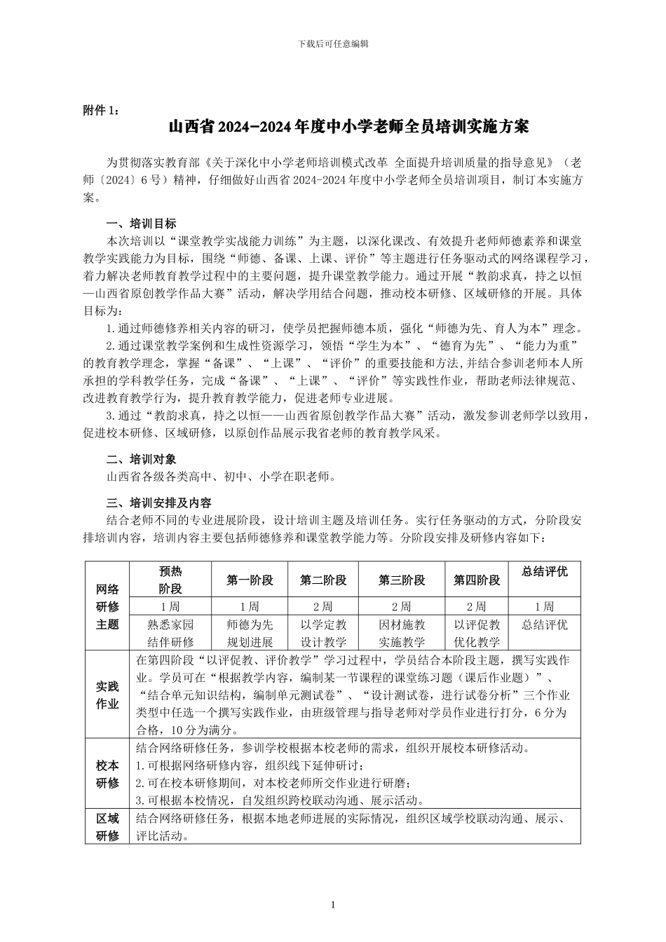 2024-2024年度山西省中小学教师全员培训实施方案1_第1页