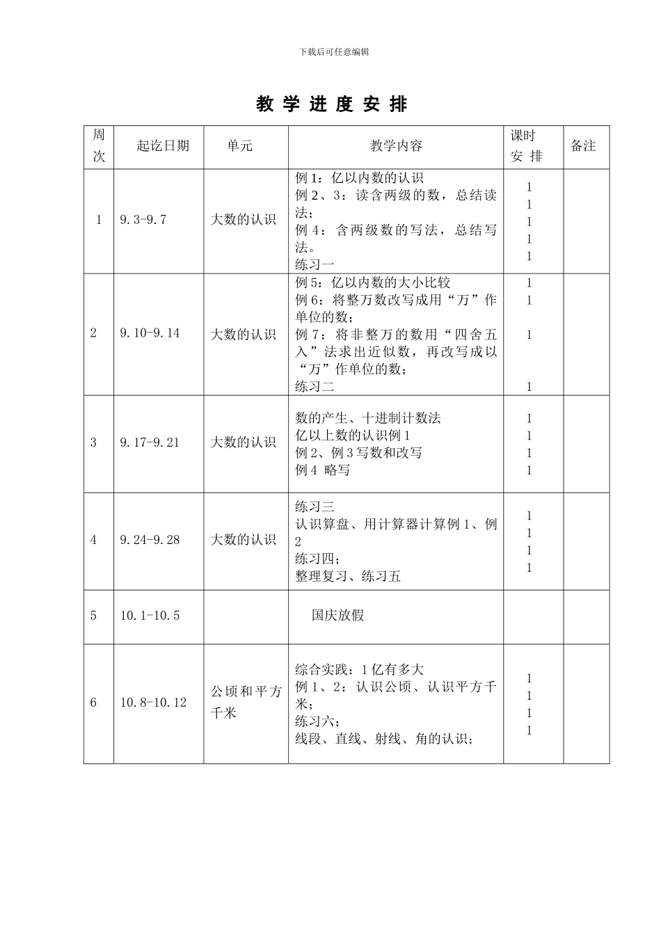 2024-2024数学四上教学进度表_第1页