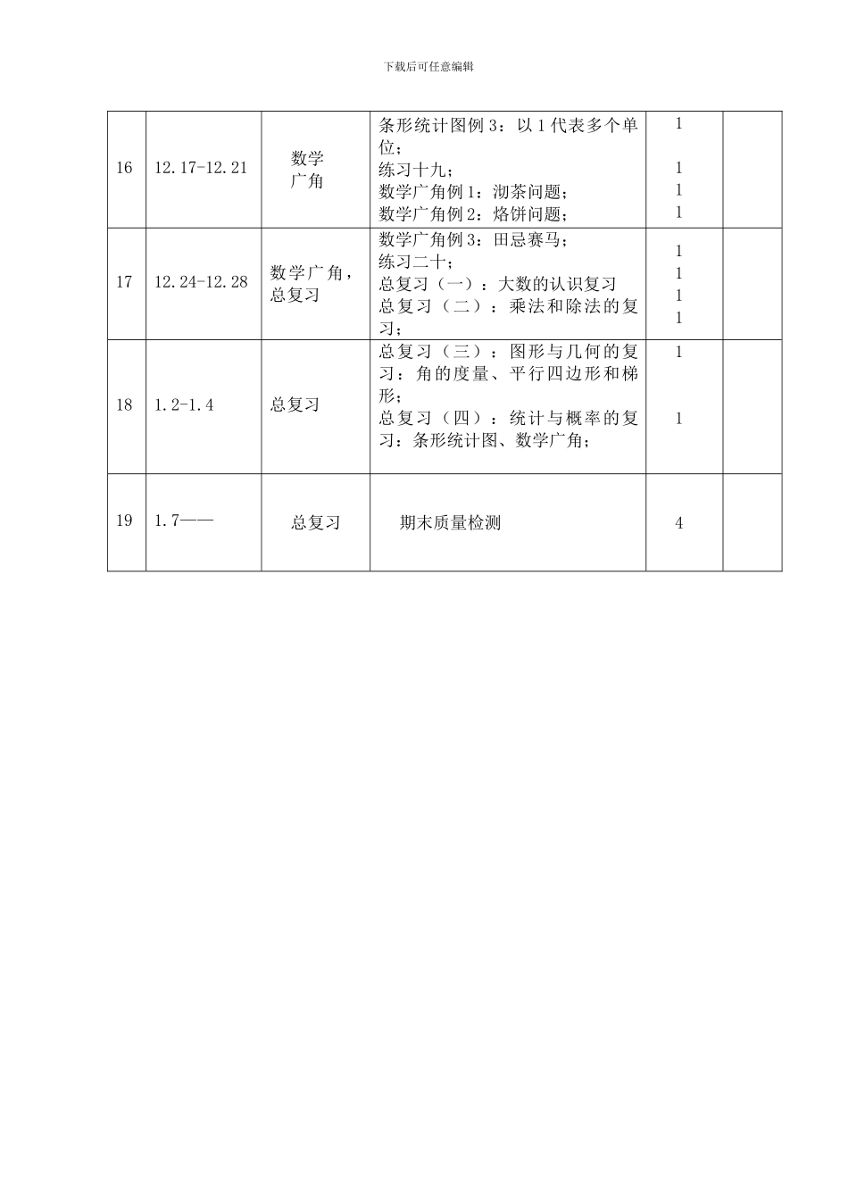 2024-2024数学四上教学进度表_第3页