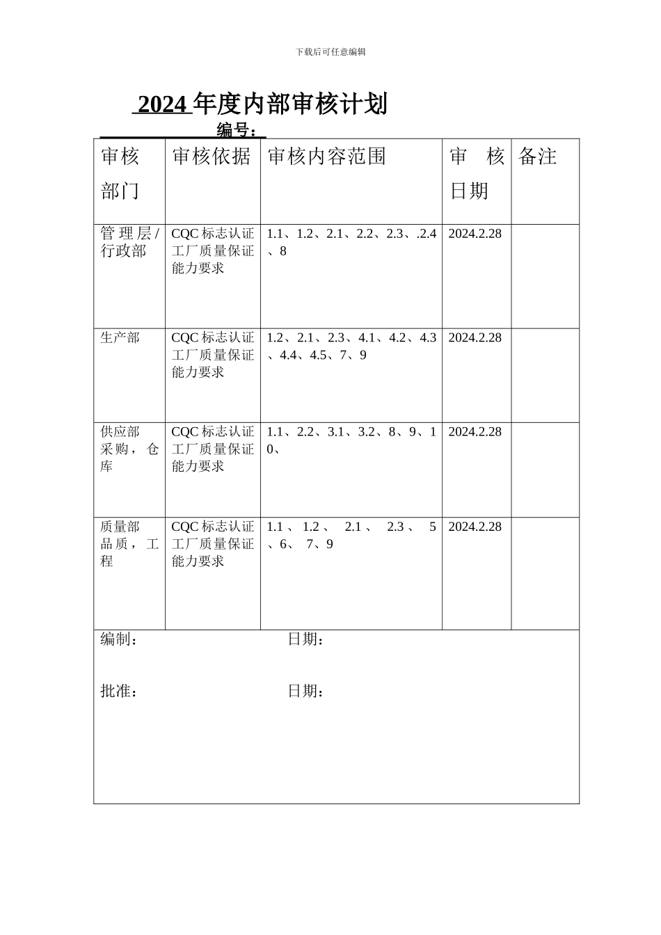 2024-年度内部审核计划_第1页