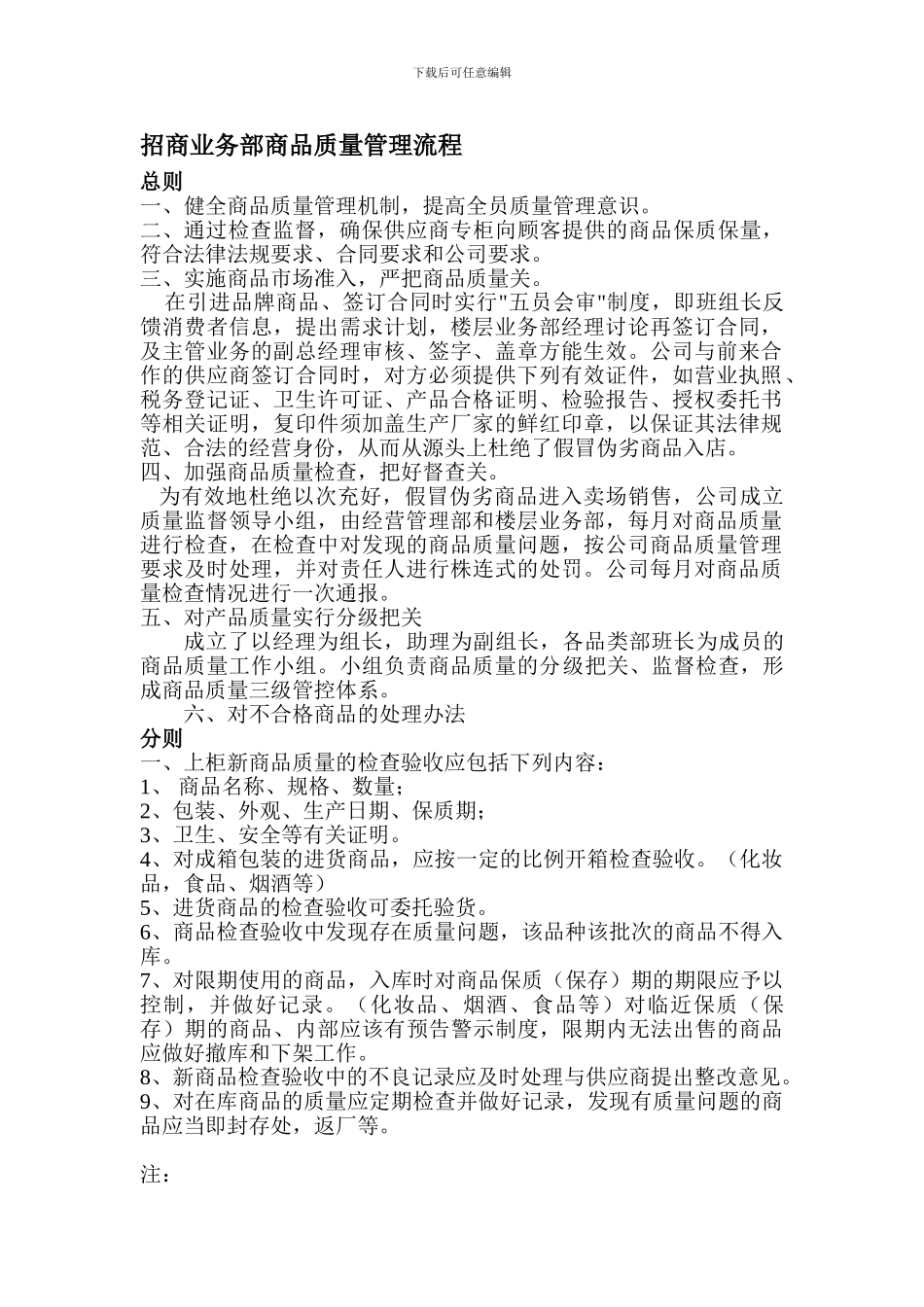 2024412招商业务部任文龙商品质量管理制度流程_第1页