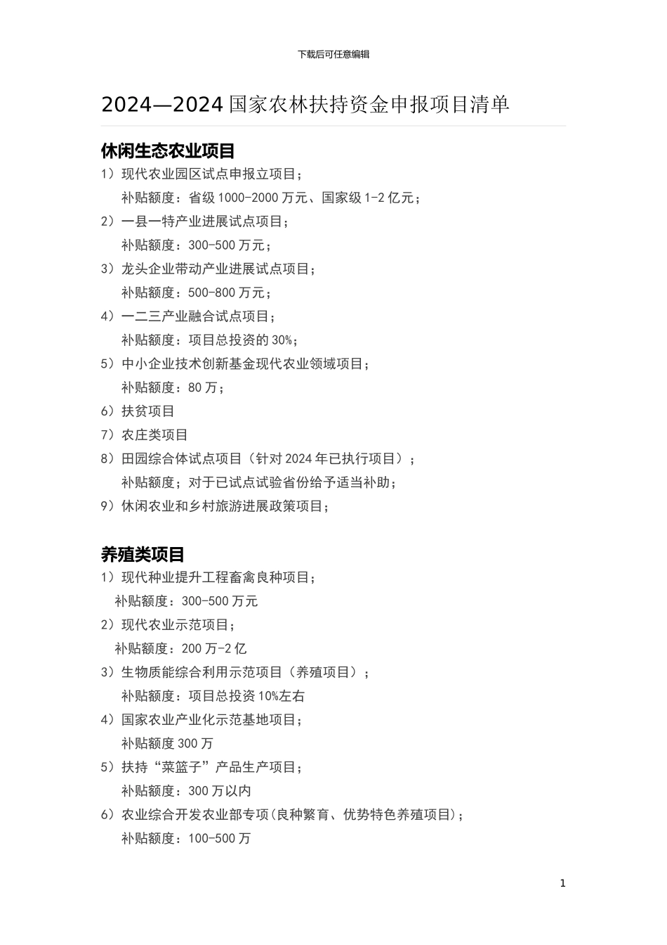 2024—2024国家农林扶持资金申报项目清单_第1页