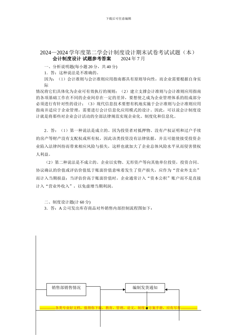 2024—2024学年度第二学期会计制度设计期末试卷考试试题参考答案_第1页