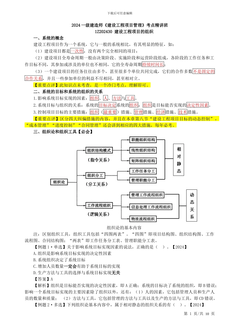 2024一建-项目管理-建设工程项目的组织重点_第1页