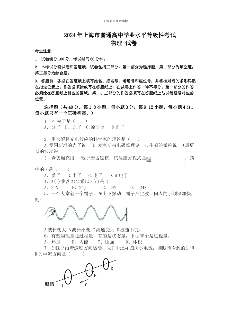 2024上海市高中学业水平等级考试物理试题_第1页