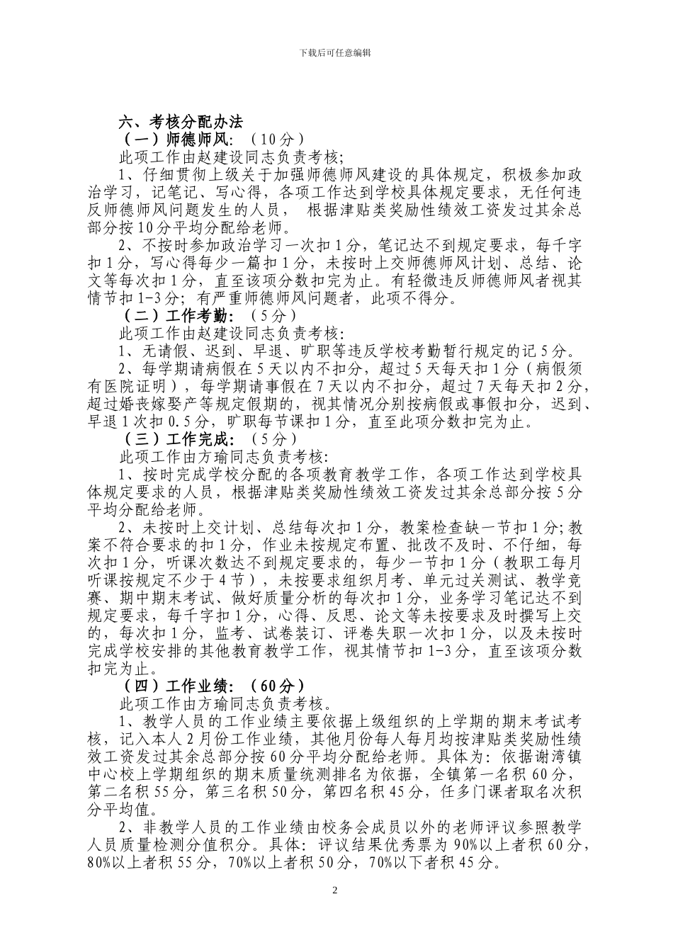 2024中心小学教职工奖励性绩效工资考核方案_第2页