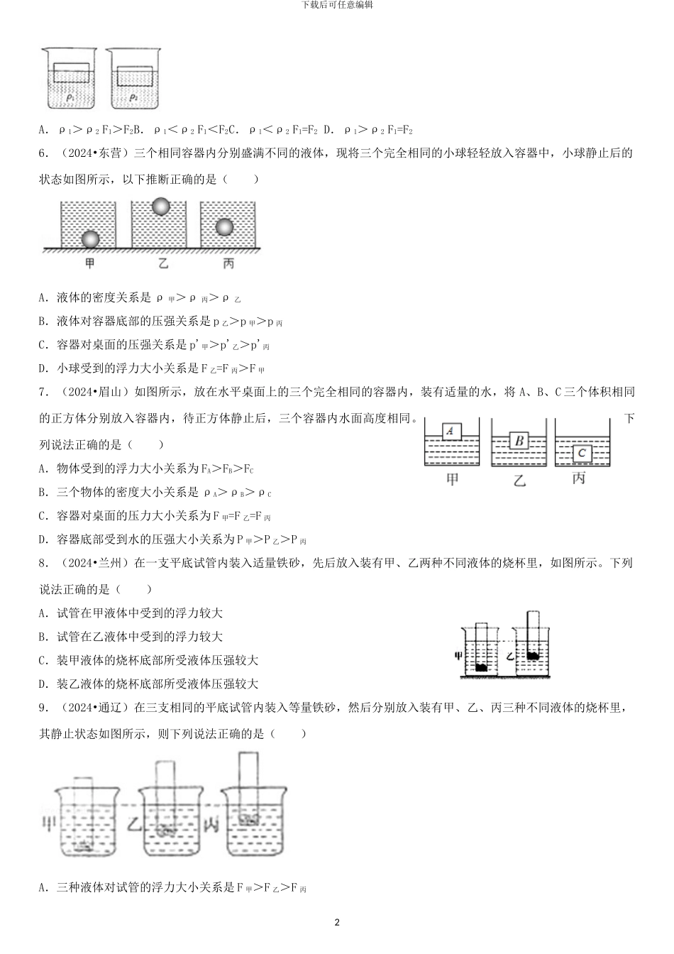 2024中考真题汇编浮力_第2页