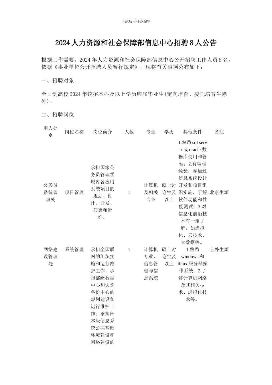 2024人力资源和社会保障部信息中心招聘8人公告_第1页