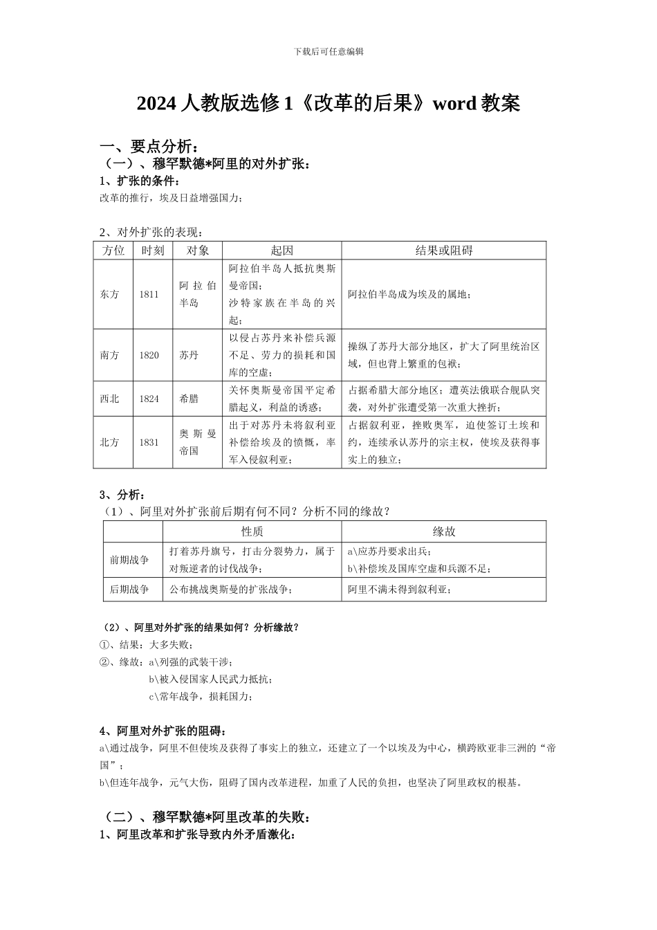 2024人教版选修1《改革的后果》word教案_第1页