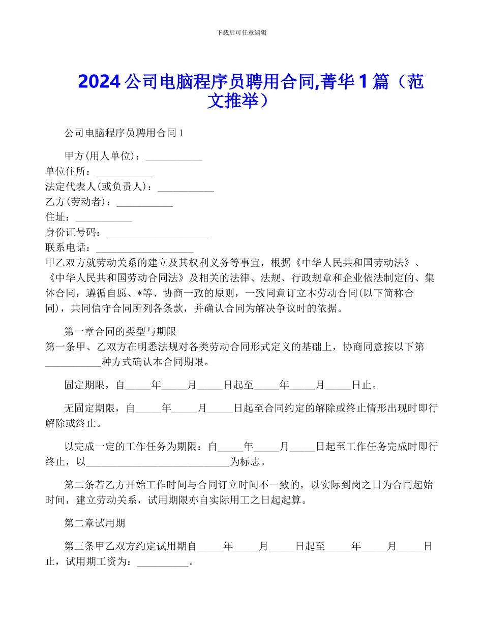 2024公司电脑程序员聘用合同-菁华1篇_第1页