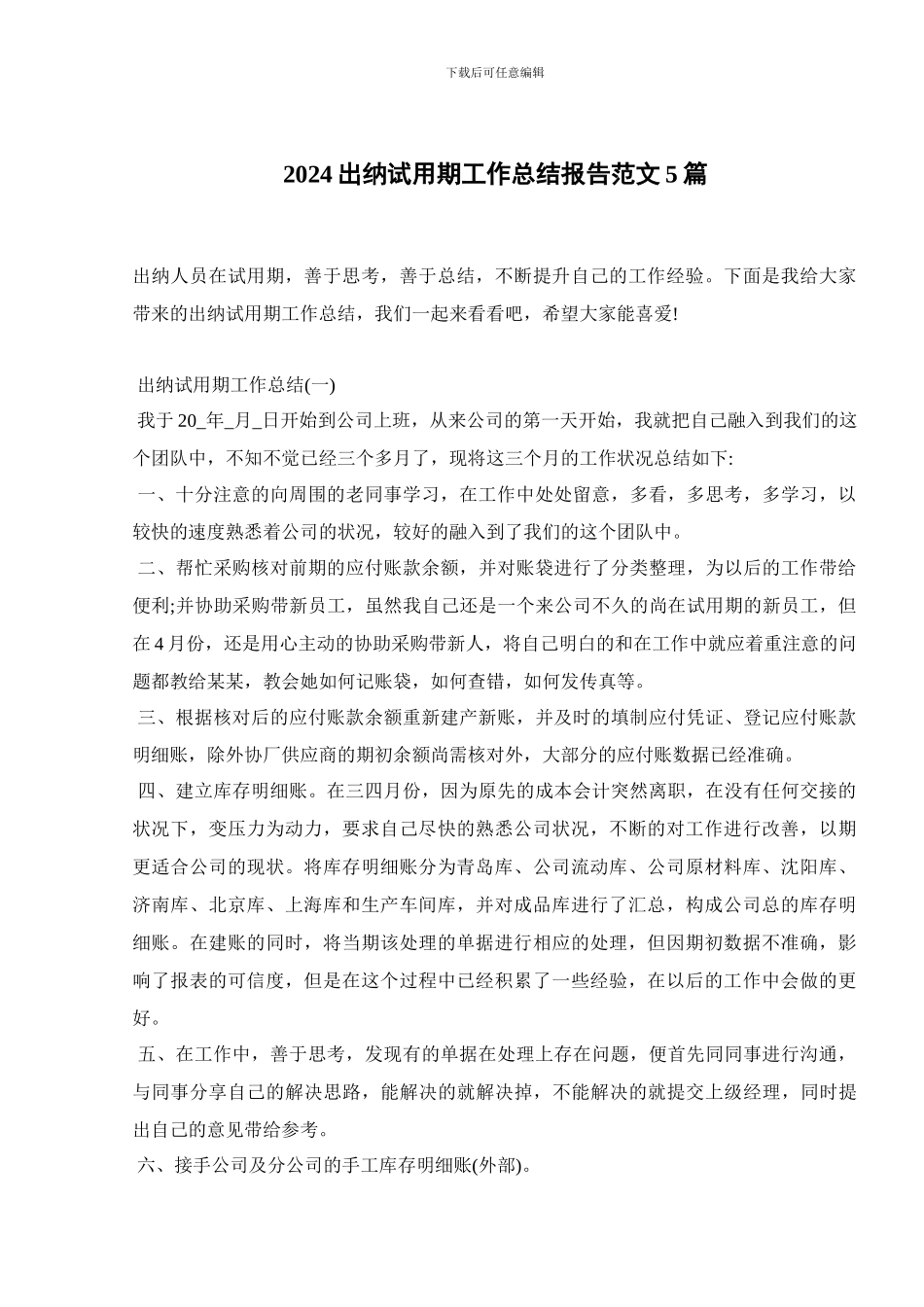2024出纳试用期工作总结报告范文5篇_第1页